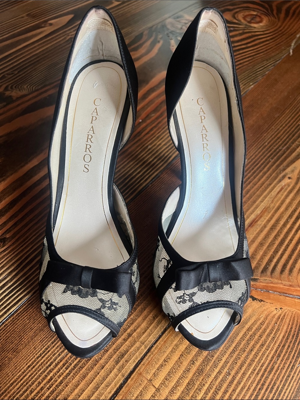 Caparros Black and Ivory Lace Peep-Toe Heels with Bow Accent